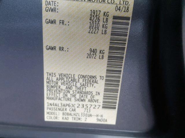 1N4AL3AP6JC235727 - 2018 NISSAN ALTIMA 2.5 灰色 照片 10