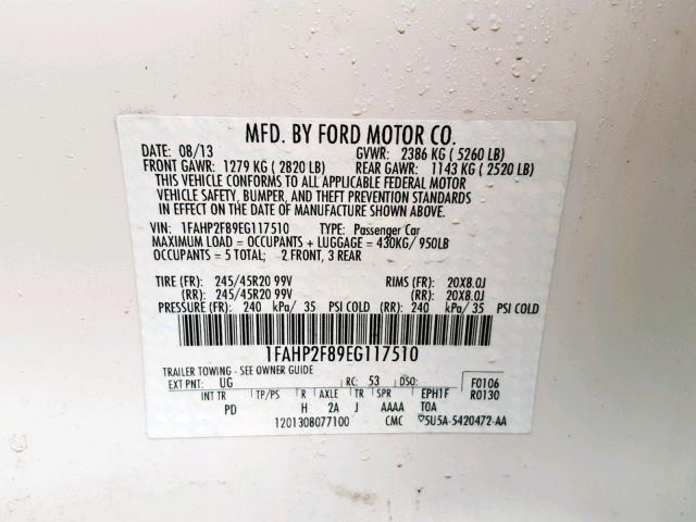 1FAHP2F89EG117510 - 2014 FORD TAURUS LIM WHITE photo 10