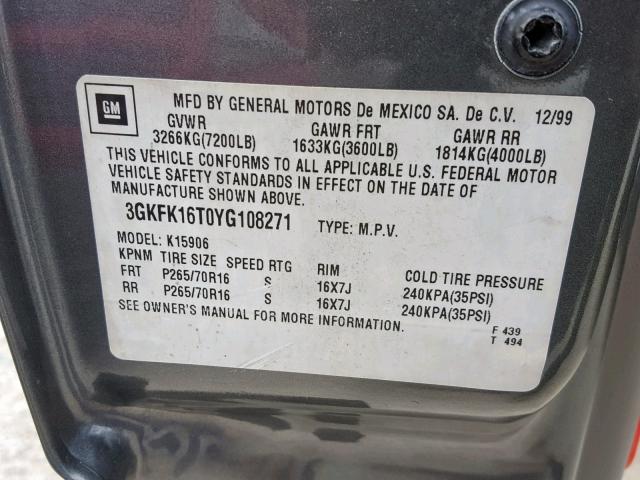 3GKFK16T0YG108271 - 2000 GMC YUKON XL K CHARCOAL photo 10