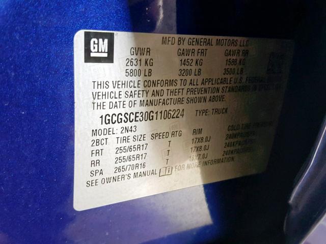 1GCGSCE30G1106224 - 2016 CHEVROLET COLORADO L BLUE photo 10