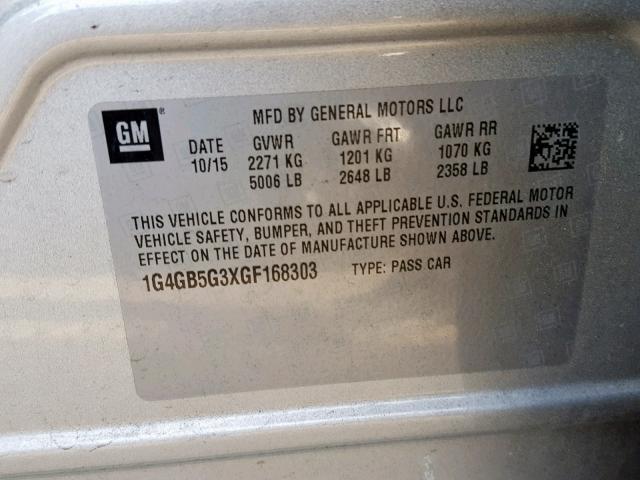 1G4GB5G3XGF168303 - 2016 BUICK LACROSSE SILVER photo 10