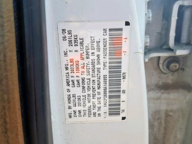 1HGCP26898A146955 - 2008 HONDA ACCORD EXL WHITE photo 10