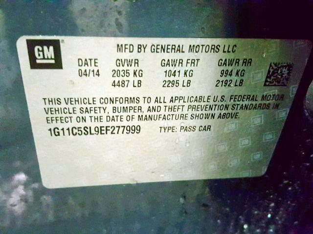 1G11C5SL9EF277999 - 2014 CHEVROLET MALIBU 1LT ლურჯი ფოტო 10