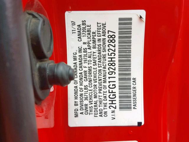 2HGFG11928H522887 - 2008 HONDA CIVIC EXL Qırmızı foto 10