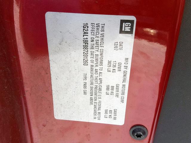 1G2AL18F887201260 - 2008 PONTIAC G5 RED photo 10