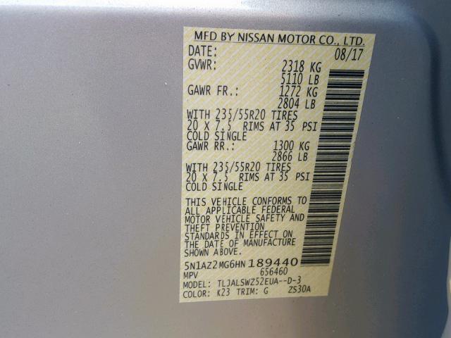 5N1AZ2MG6HN189440 - 2017 NISSAN MURANO S SILVER photo 10