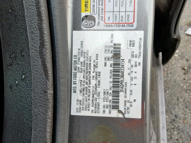 3FADP0L38AR234154 - 2010 FORD FUSION HYB CHARCOAL photo 10