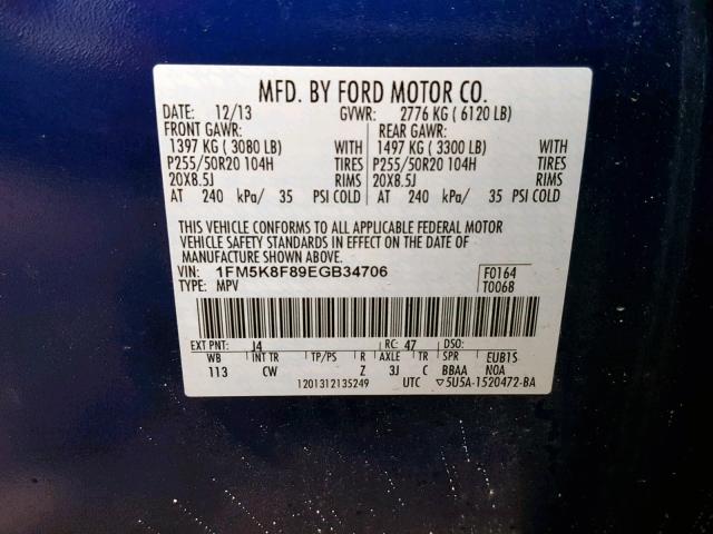 1FM5K8F89EGB34706 - 2014 FORD EXPLORER L BLUE photo 10