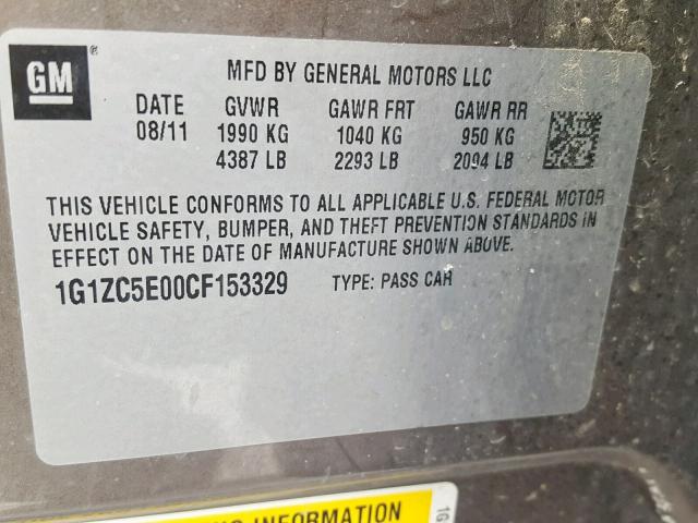 1G1ZC5E00CF153329 - 2012 CHEVROLET MALIBU 1LT თაფლისფერი ფოტო 10