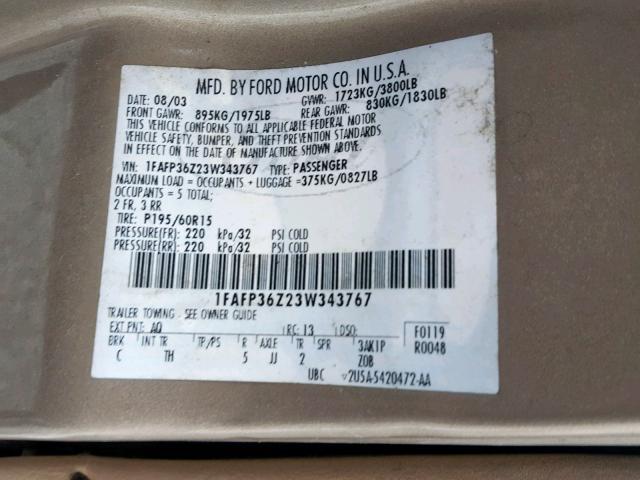 1FAFP36Z23W343767 - 2003 FORD FOCUS SE BEIGE photo 10