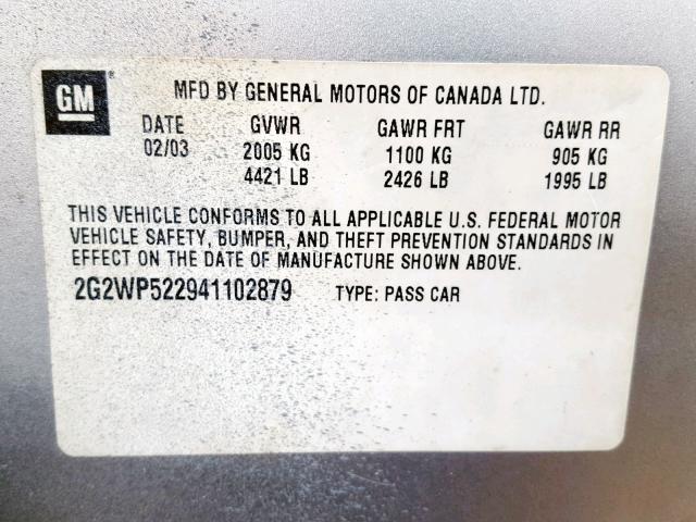 2G2WP522941102879 - 2004 PONTIAC GRAND PRIX SILVER photo 10