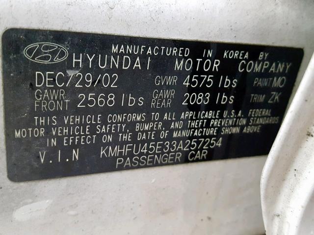 KMHFU45E33A257254 - 2003 HYUNDAI XG 350 WHITE photo 10