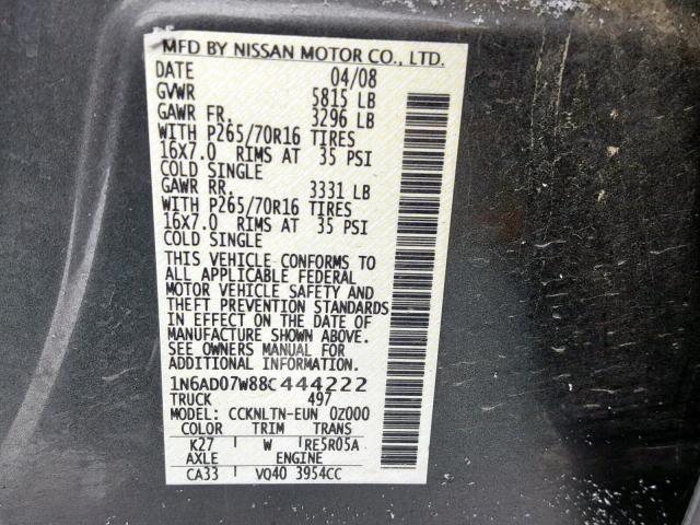 1N6AD07W88C444222 - 2008 NISSAN FRONTIER C GRAY photo 10