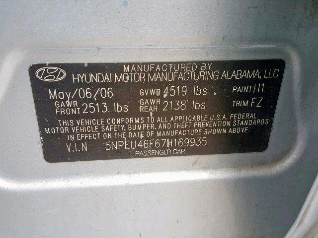 5NPEU46F67H169935 - 2007 HYUNDAI SONATA SE BLUE photo 10