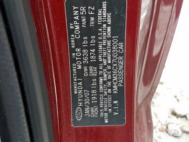 KMHCM36CX7U038001 - 2007 HYUNDAI ACCENT GS RED photo 10