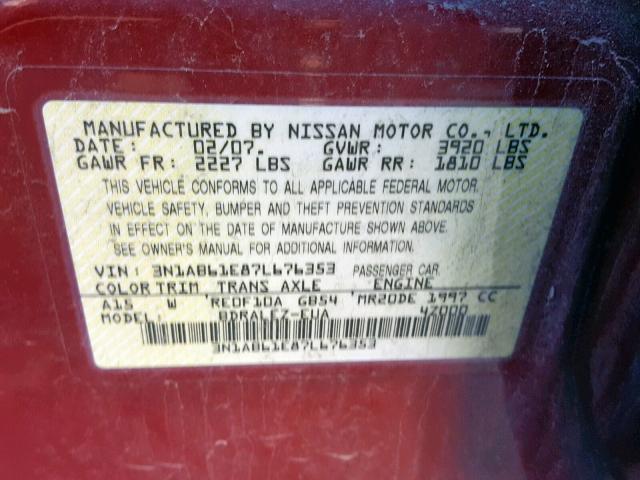 3N1AB61E87L676353 - 2007 NISSAN SENTRA 2.0 BURGUNDY photo 10