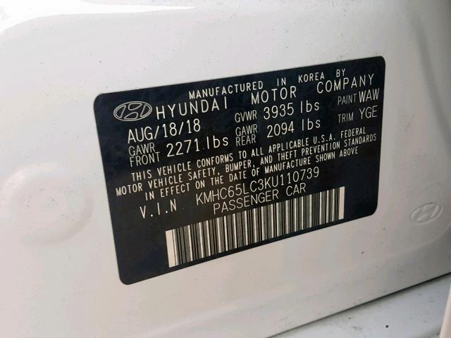 KMHC65LC3KU110739 - 2019 HYUNDAI IONIQ BLUE WHITE photo 10