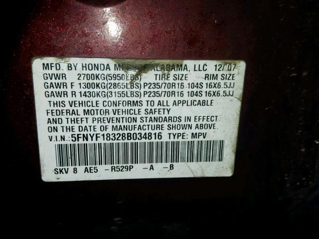 5FNYF18328B034816 - 2008 HONDA PILOT SE MAROON photo 10