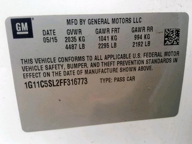 1G11C5SL2FF316773 - 2015 CHEVROLET MALIBU 1LT WHITE photo 10