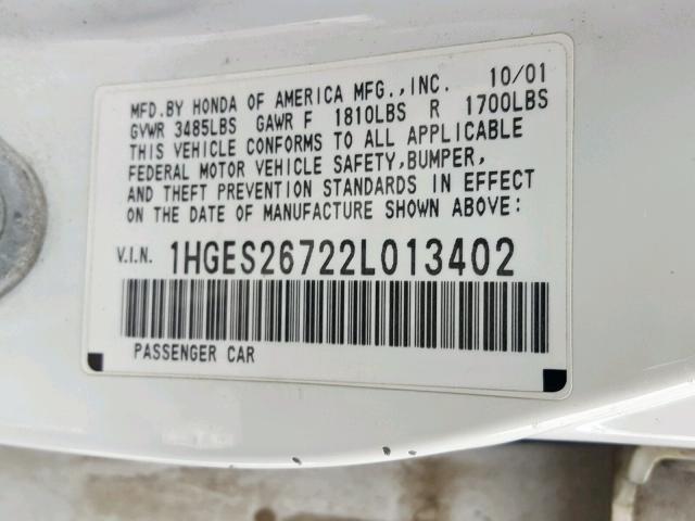 1HGES26722L013402 - 2002 HONDA CIVIC EX WHITE photo 10