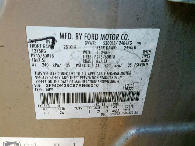 2FMDK38C87BB66010 - 2007 FORD EDGE SEL GRAY photo 10