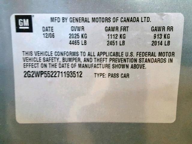 2G2WP552271193512 - 2007 PONTIAC GRAND PRIX GRAY photo 10