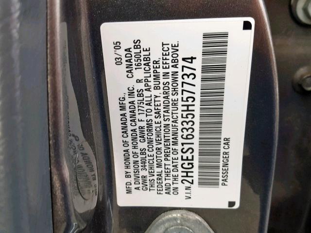 2HGES16335H577374 - 2005 HONDA CIVIC DX V GRAY photo 10