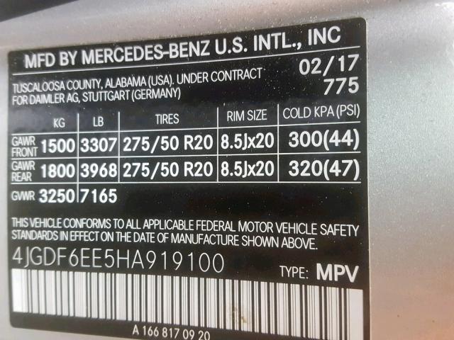 4JGDF6EE5HA919100 - 2017 MERCEDES-BENZ GLS 450 4M SILVER photo 10