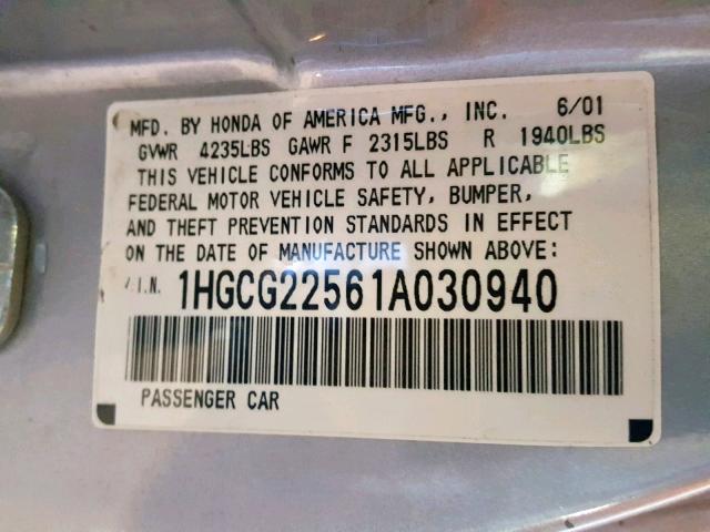 1HGCG22561A030940 - 2001 HONDA ACCORD EX SILVER photo 10