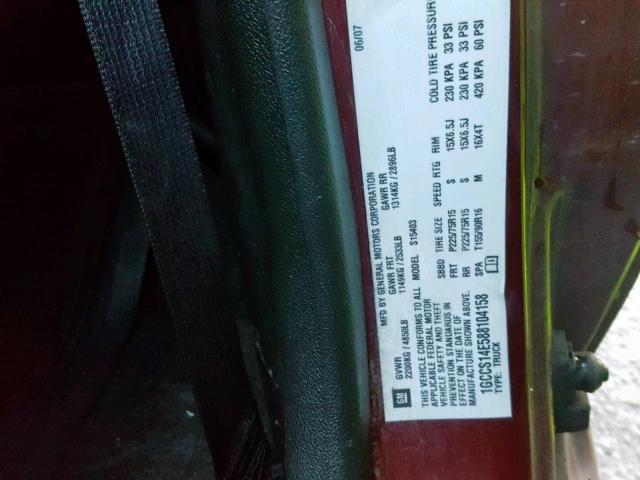 1GCCS14E588104158 - 2008 CHEVROLET COLORADO BURGUNDY photo 10