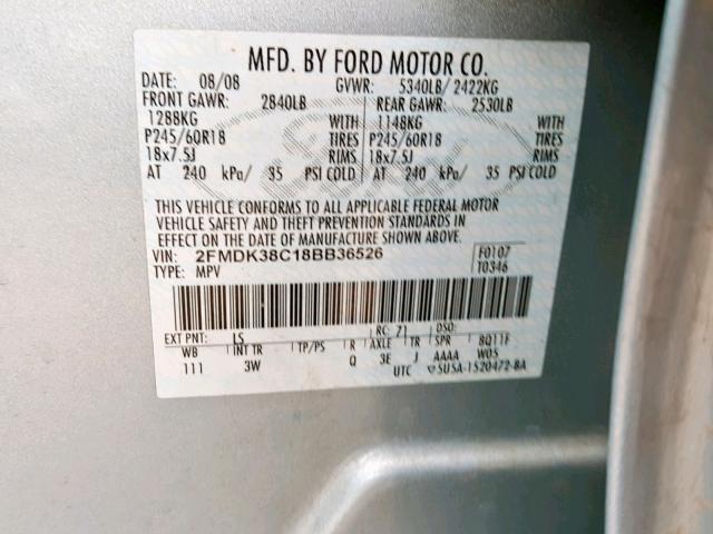 2FMDK38C18BB36526 - 2008 FORD EDGE SEL BLUE photo 10