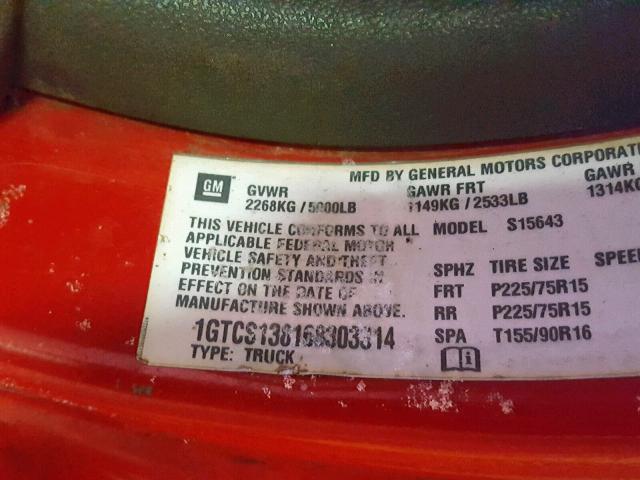 1GTCS138168303314 - 2006 GMC CANYON RED photo 10