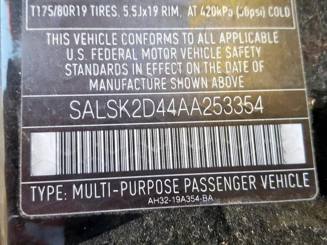 SALSK2D44AA253354 - 2010 LAND ROVER RANGE ROVE BLACK photo 10