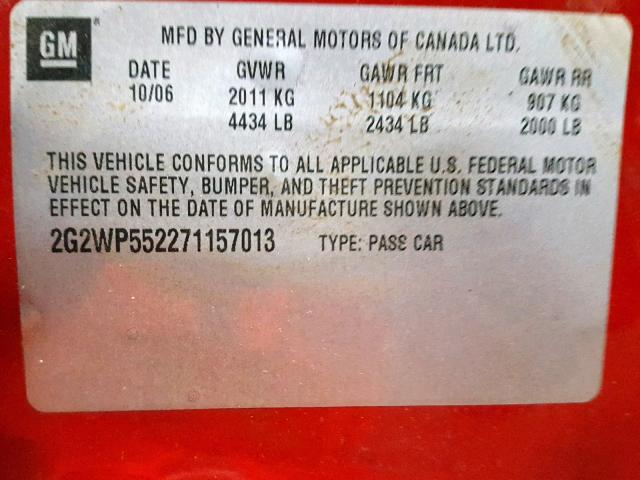 2G2WP552271157013 - 2007 PONTIAC GRAND PRIX RED photo 10