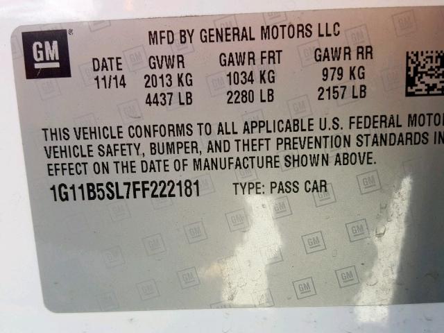 1G11B5SL7FF222181 - 2015 CHEVROLET MALIBU LS Ağ foto 10