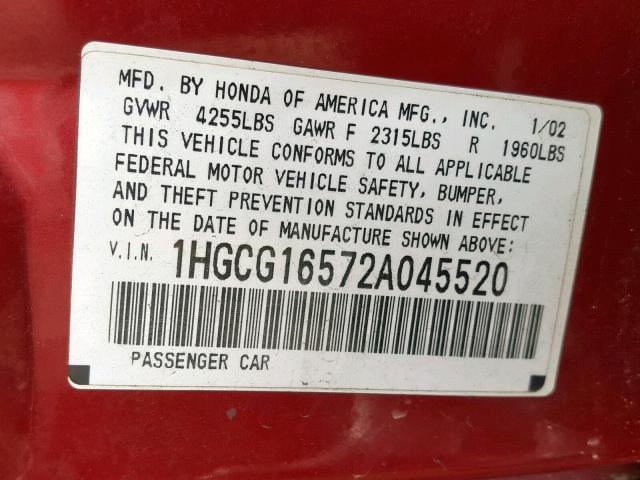 1HGCG16572A045520 - 2002 HONDA ACCORD EX RED photo 10