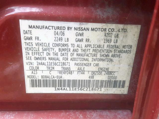 1N4AL11E56C218671 - 2006 NISSAN ALTIMA S RED photo 10