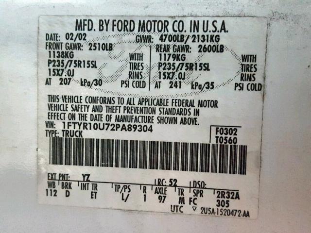 1FTYR10U72PA89304 - 2002 FORD RANGER WHITE photo 10