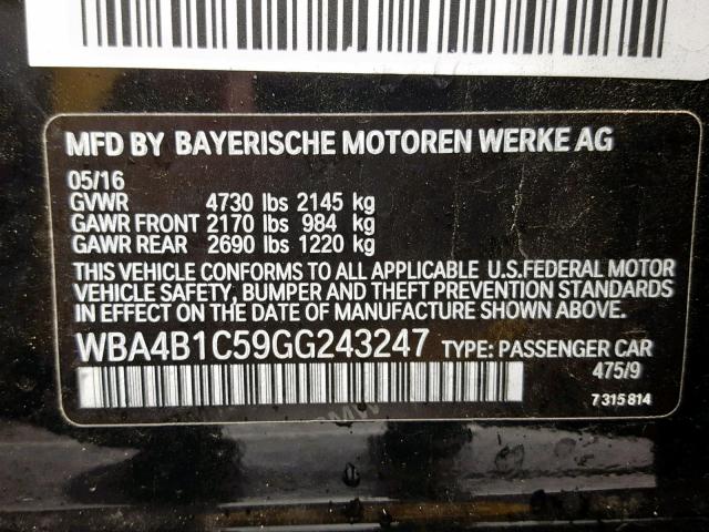 WBA4B1C59GG243247 - 2016 BMW 435 I BLACK photo 10