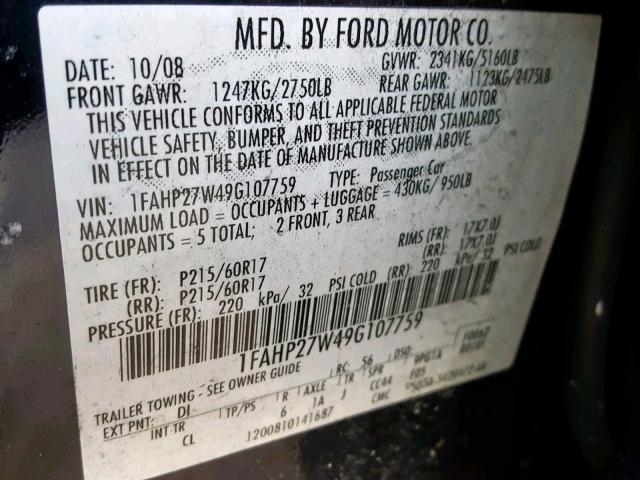 1FAHP27W49G107759 - 2009 FORD TAURUS SEL BLUE photo 10