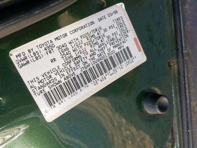 JT6HF10U9X0013020 - 1999 LEXUS RX 300 GREEN photo 10