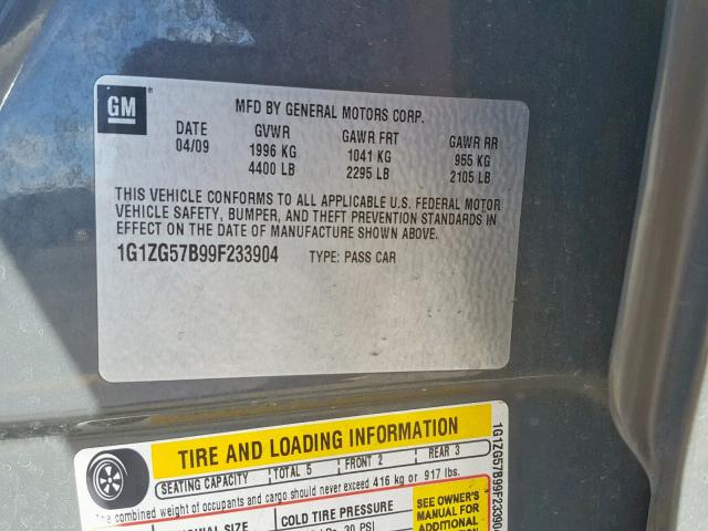 1G1ZG57B99F233904 - 2009 CHEVROLET MALIBU LS GRAY photo 10