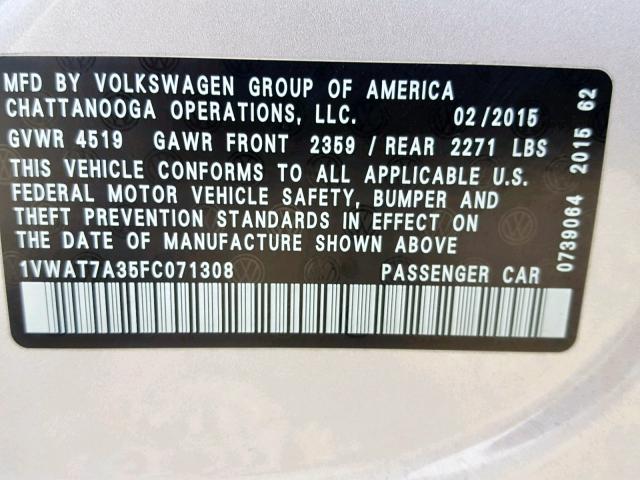 1VWAT7A35FC071308 - 2015 VOLKSWAGEN PASSAT S SILVER photo 10