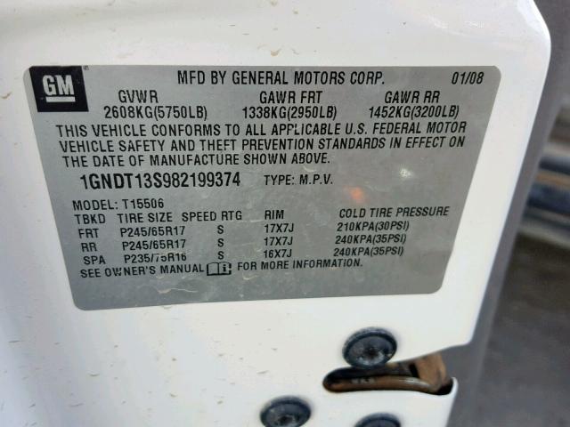 1GNDT13S982199374 - 2008 CHEVROLET TRAILBLAZE თეთრი ფოტო 10