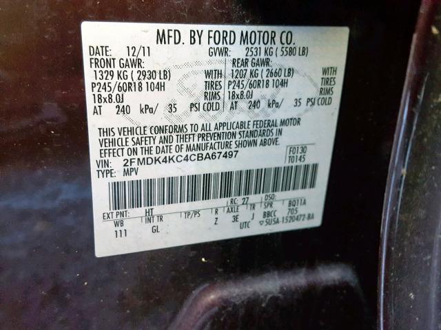 2FMDK4KC4CBA67497 - 2012 FORD EDGE LIMIT BURGUNDY photo 10