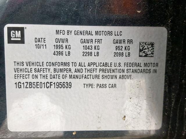 1G1ZB5E01CF195639 - 2012 CHEVROLET MALIBU LS შავი ფოტო 10