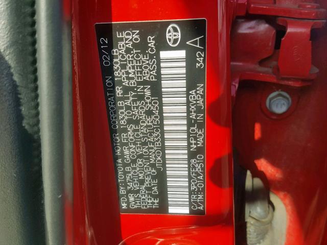 JTDKDTB33C1504501 - 2012 TOYOTA PRIUS C RED photo 10