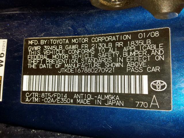 JTKDE167880270921 - 2008 TOYOTA SCION TC 蓝色 照片 10