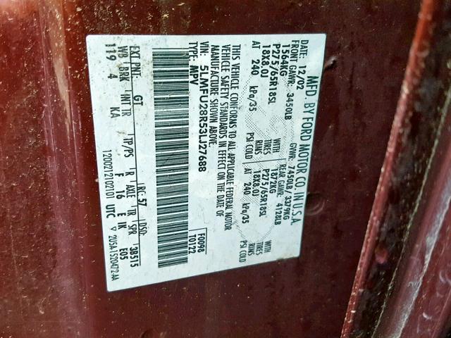 5LMFU28R53LJ27688 - 2003 LINCOLN NAVIGATOR BURGUNDY photo 10