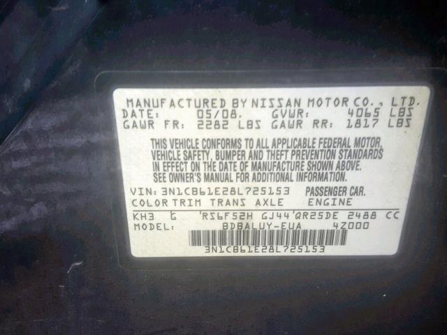 3N1CB61E28L725153 - 2008 NISSAN SENTRA SE- BLACK photo 10